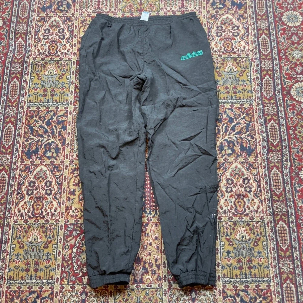 VTG 90s Adidas Nylon Windbreaker Cuffed‎ Track Pants Black Teal Logo L zip ankle
